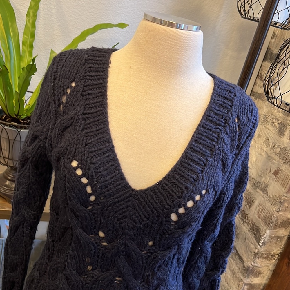 Cable Knit Navy Isabel Marant Etoile Long Sleeve V-Neck Sweater Dress Size 2